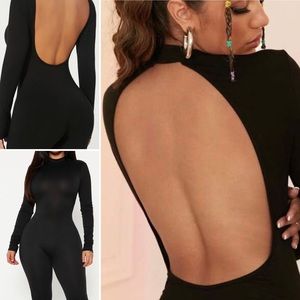 Sexy Black Backless 3/4 Snatched but stretchy Jumpsuit /Unitard with Mock Neck.
